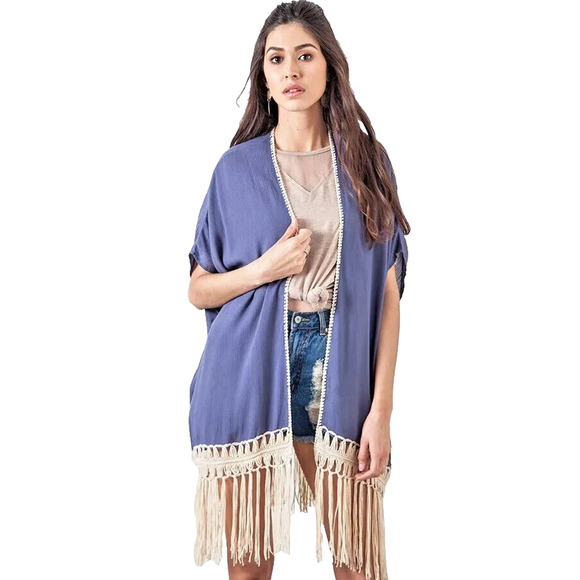 Umgee Top Size L Western Drape Cardigan Fairy Fringe Shawl Womens Kimono Duster - Picture 2 of 3